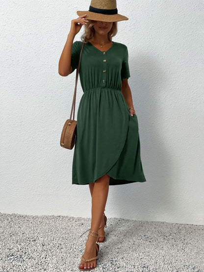 Dress in Green cotton Short Sleeve - Nowi Korean Fashion