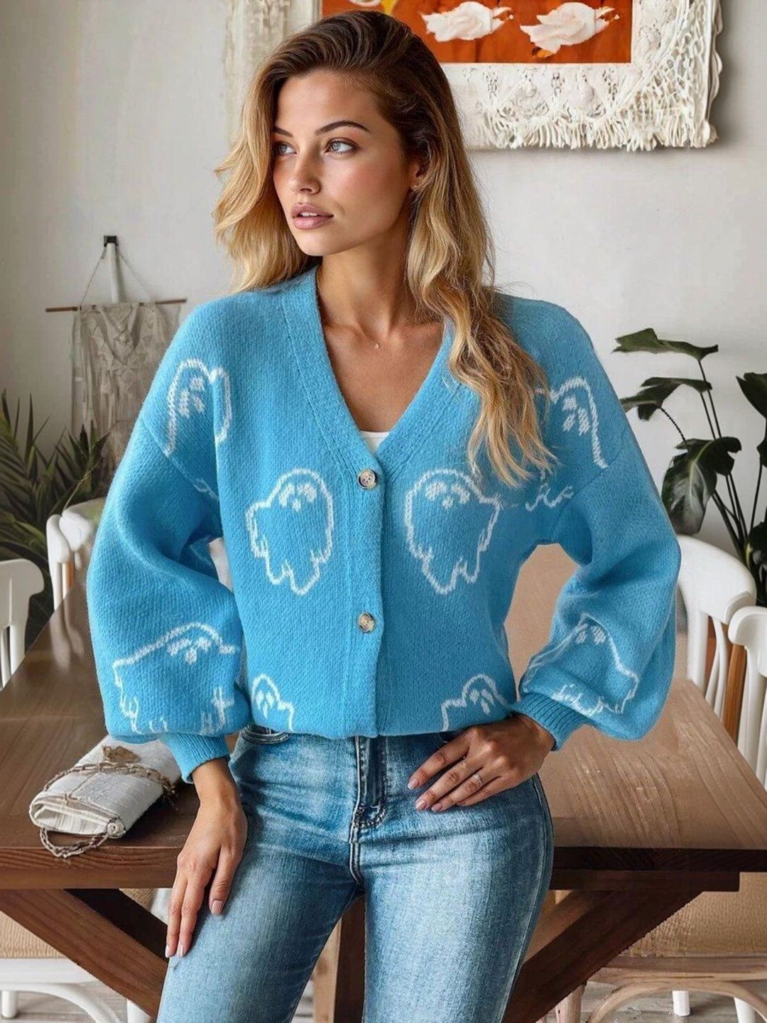 Printed Cardigan in Blue acrylic - Nowi Korean Fashion