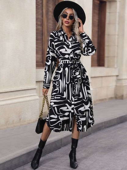 Women's Black Print Shirt Midi Dress Blend Printed
