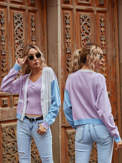 Women's Purple Colourblocked Cardigan
