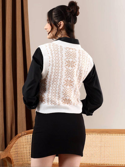 NOWI Women Fair Isle Printed Woollen Crop Sweater Vest