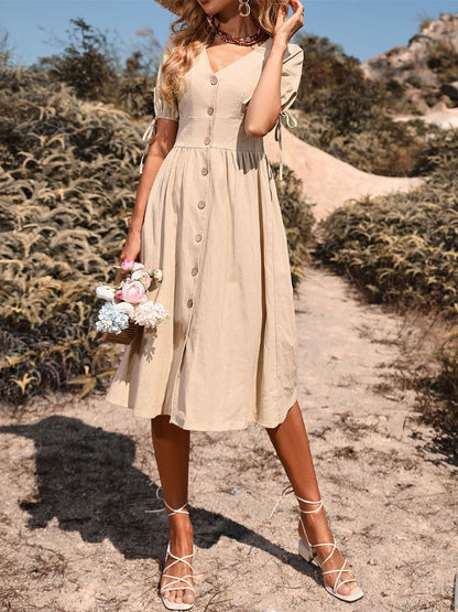 Puff Sleeve Fit & Flare Midi Dress
