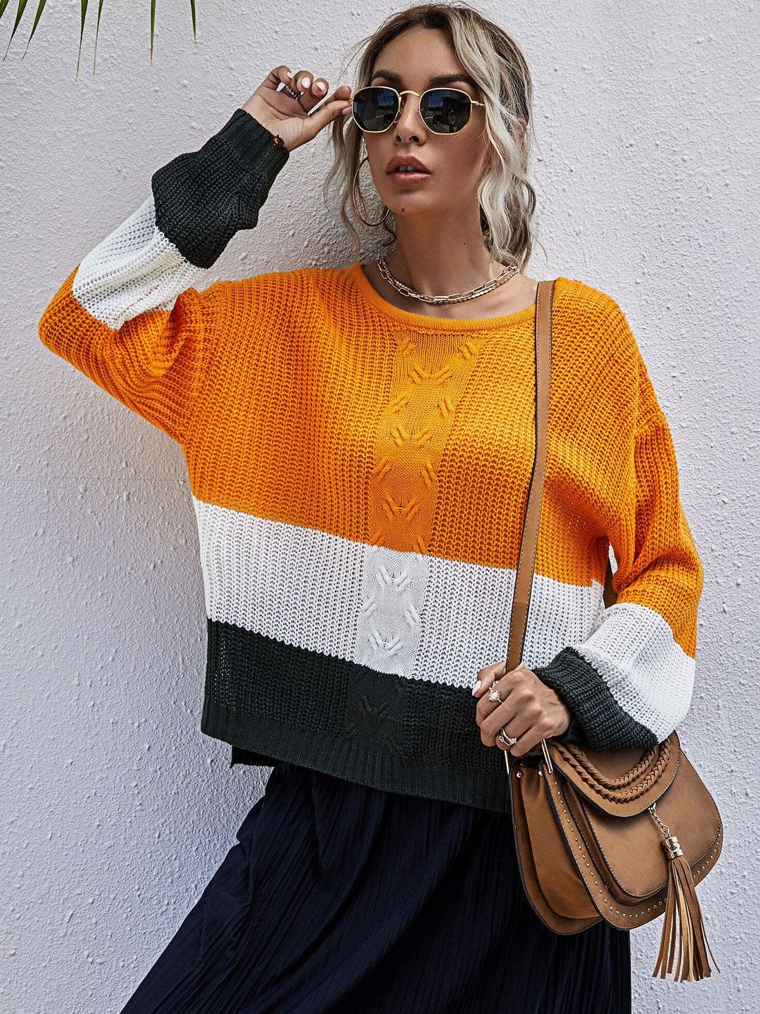 Colourblocked Pullover in Orange - Nowi Korean Fashion