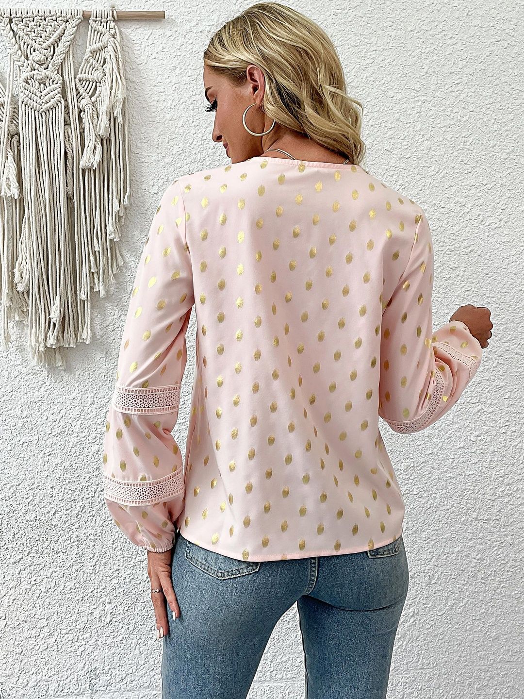 Women's Pink Polka Dot Print Bishop Sleeves Top