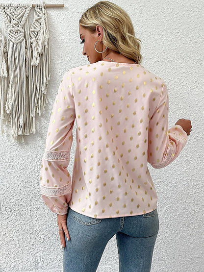 Women's Pink Polka Dot Print Bishop Sleeves Top