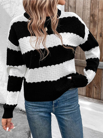 Women's Black Striped Pullover Blend Regular Fit