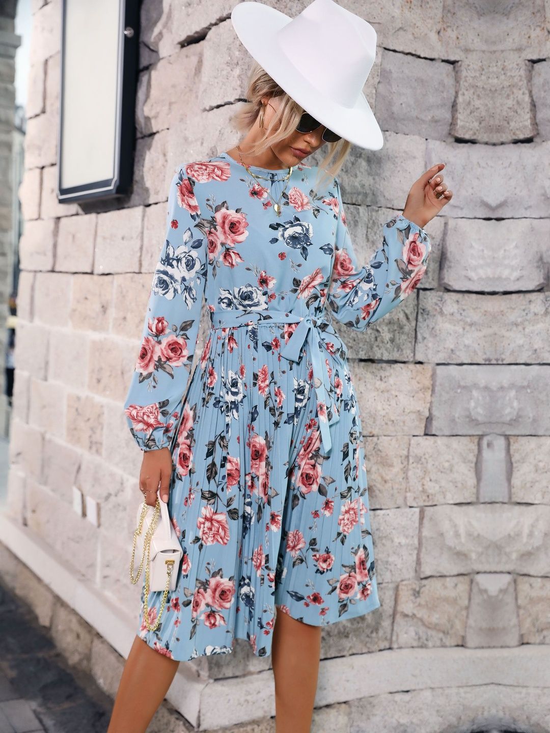 Women's Blue Floral Print Fit & Flare Midi Dress Blend