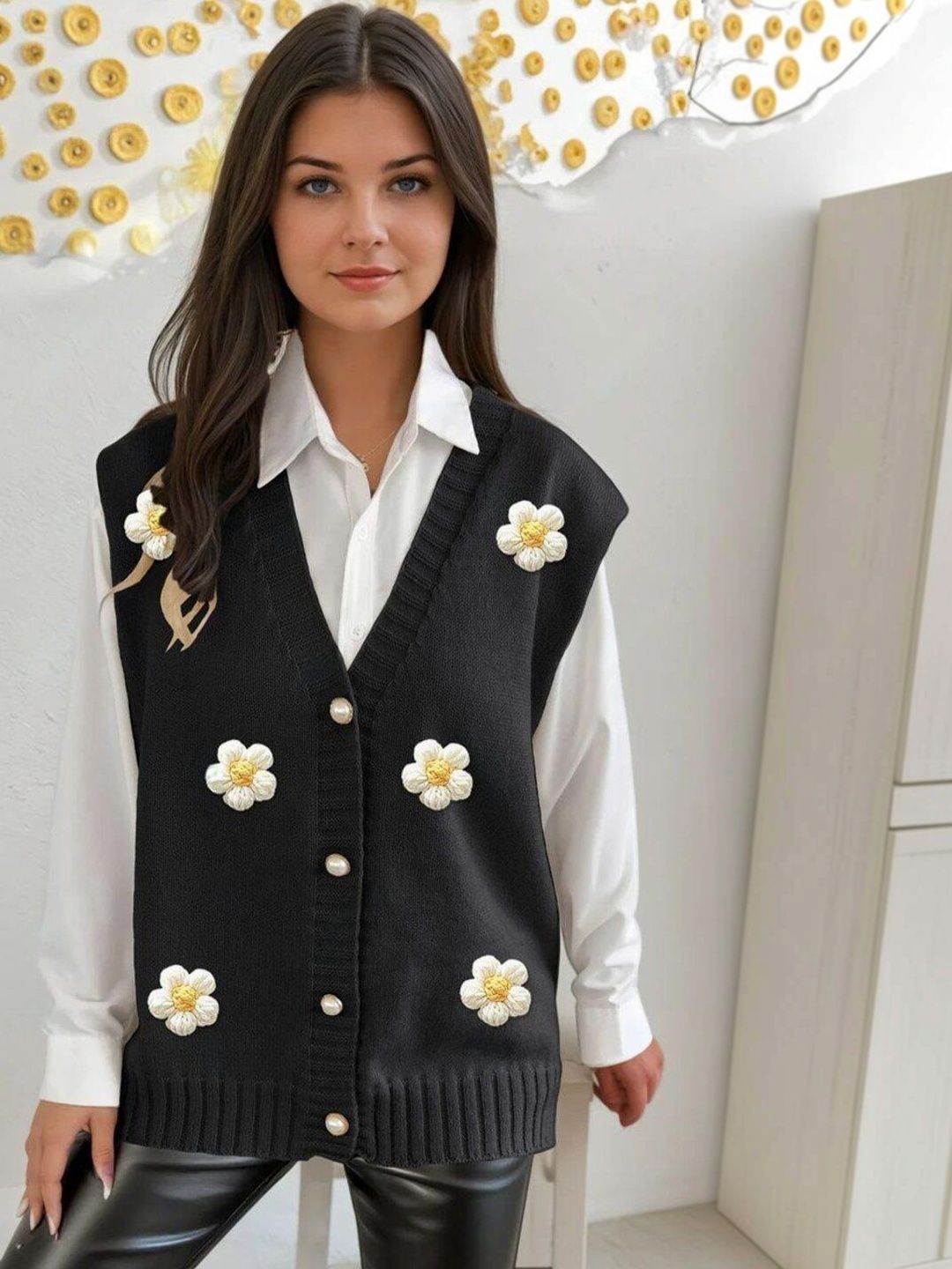 Sweater Vest with Embellished Detail in Black acrylic - Nowi Korean Fashion