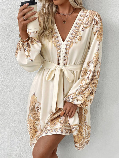 NOWI Print Bishop Sleeve A-Line Dress - Nowi Korean Fashion