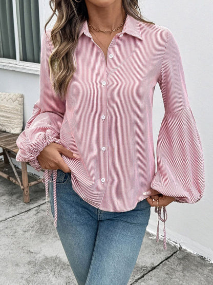 Striped Casual Shirt in Red Cotton Long Sleeve - Nowi Korean Fashion