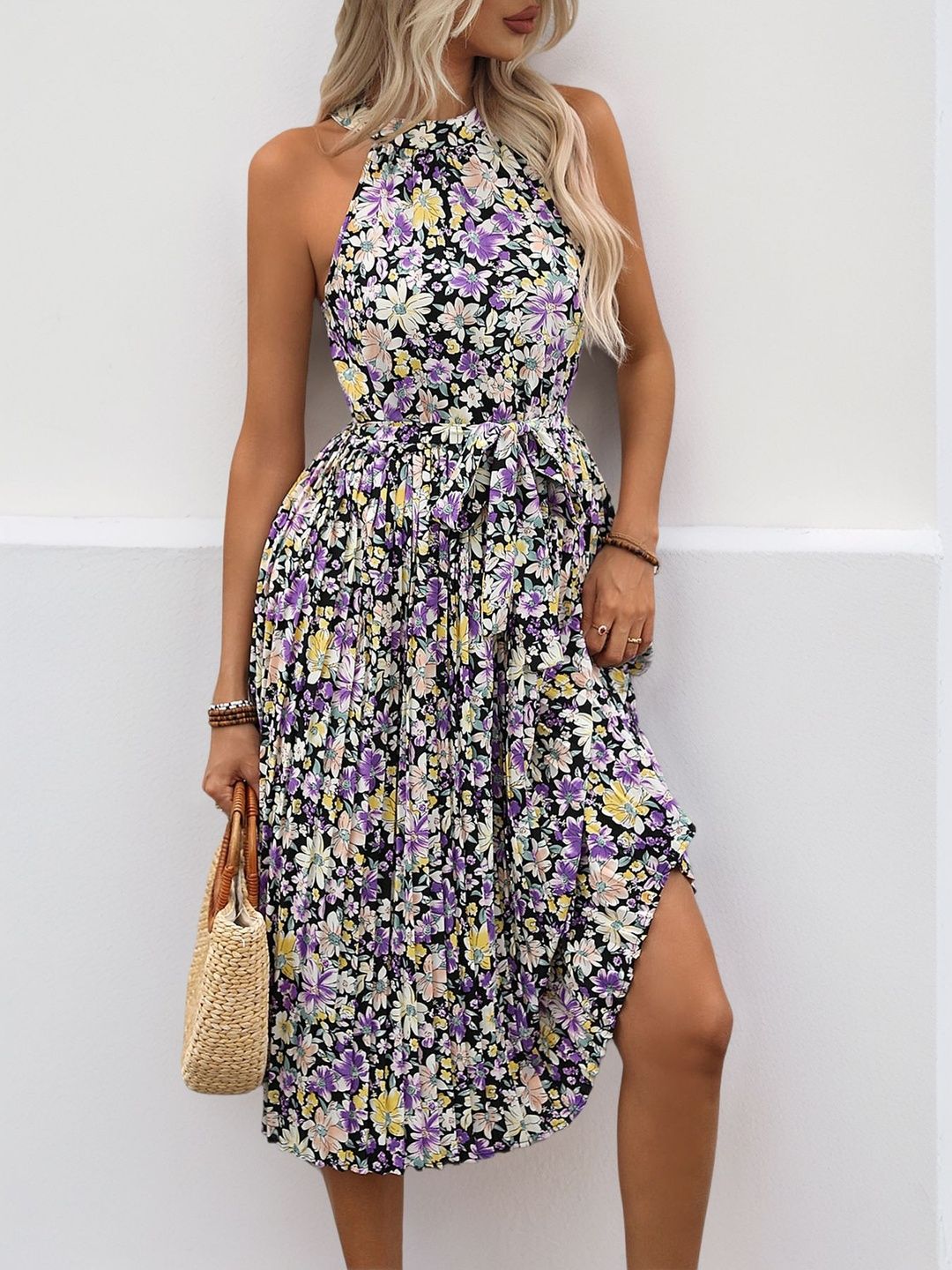 Floral Print Halter Neck Fit & Flare Midi Dress in Black cotton - Nowi Korean Fashion