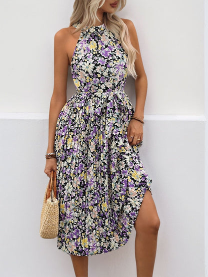 Floral Print Halter Neck Fit & Flare Midi Dress in Black cotton - Nowi Korean Fashion
