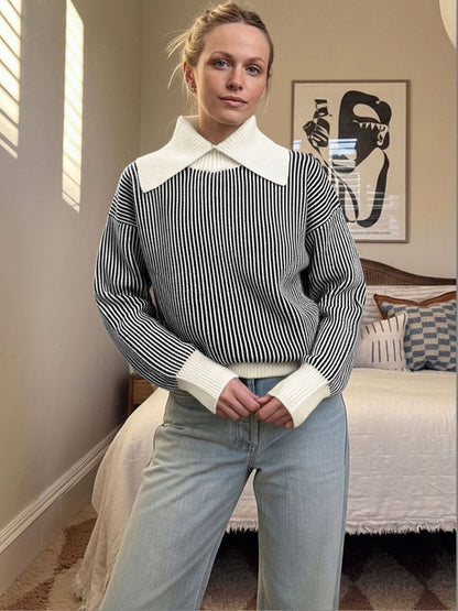 Women's Black Striped Pullover With Contrast Collar