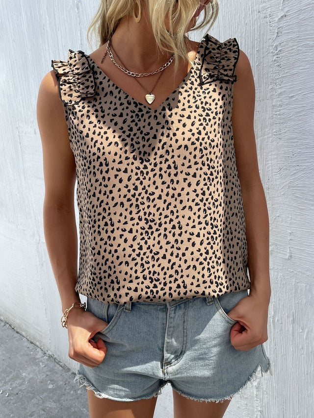 Animal Print Ruffles Top in Beige polyester Printed - Nowi Korean Fashion