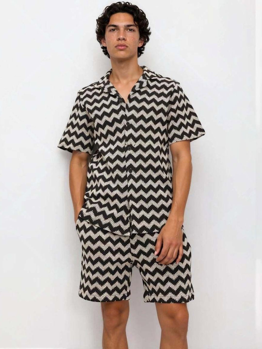 Woven Design Shirt with Shorts in Black Cotton - Nowi Korean Fashion