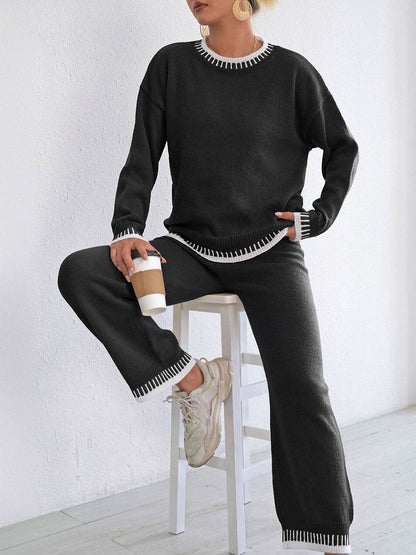 Knitted Solid Sweater with Trousers