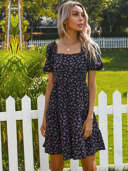 Floral Print Puff Sleeve Fit & Flare Dress