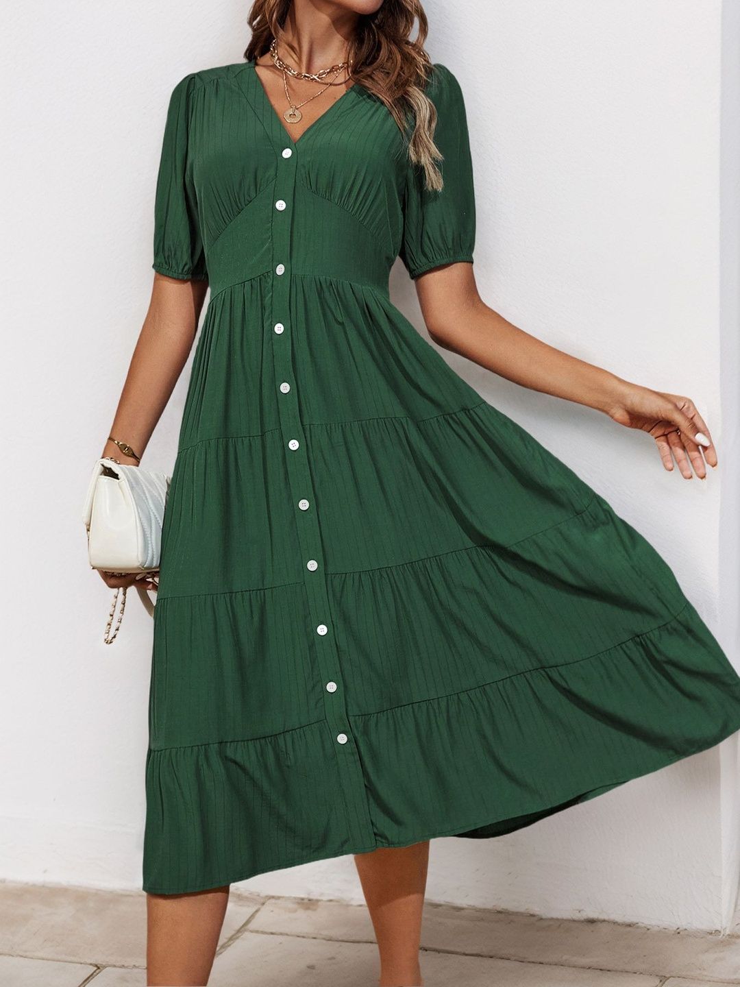 Puff Sleeve Fit & Flare Midi Dress