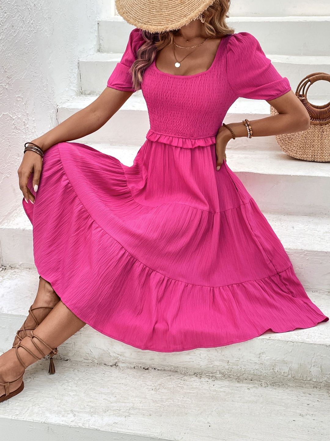 Puff Sleeve Fit & Flare Midi Dress