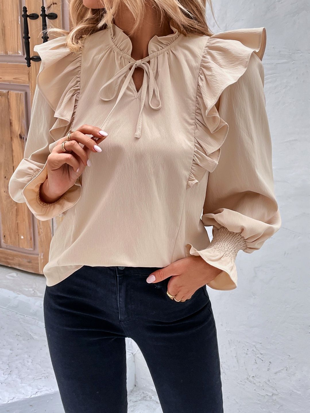 Women's Beige Bishop Sleeves Ruffles Top