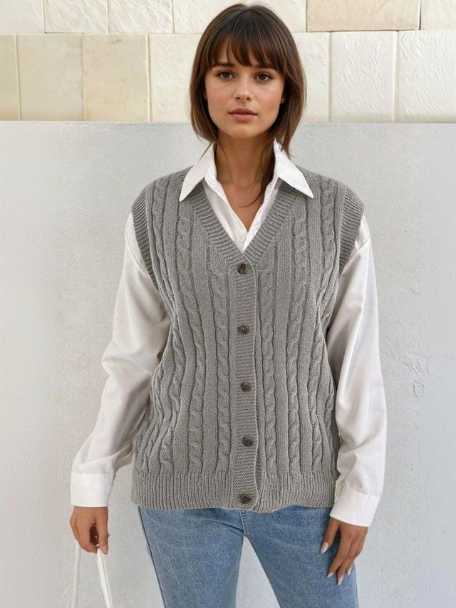 Cable Knit Ribbed Sweater Vest in Grey acrylic - Nowi Korean Fashion