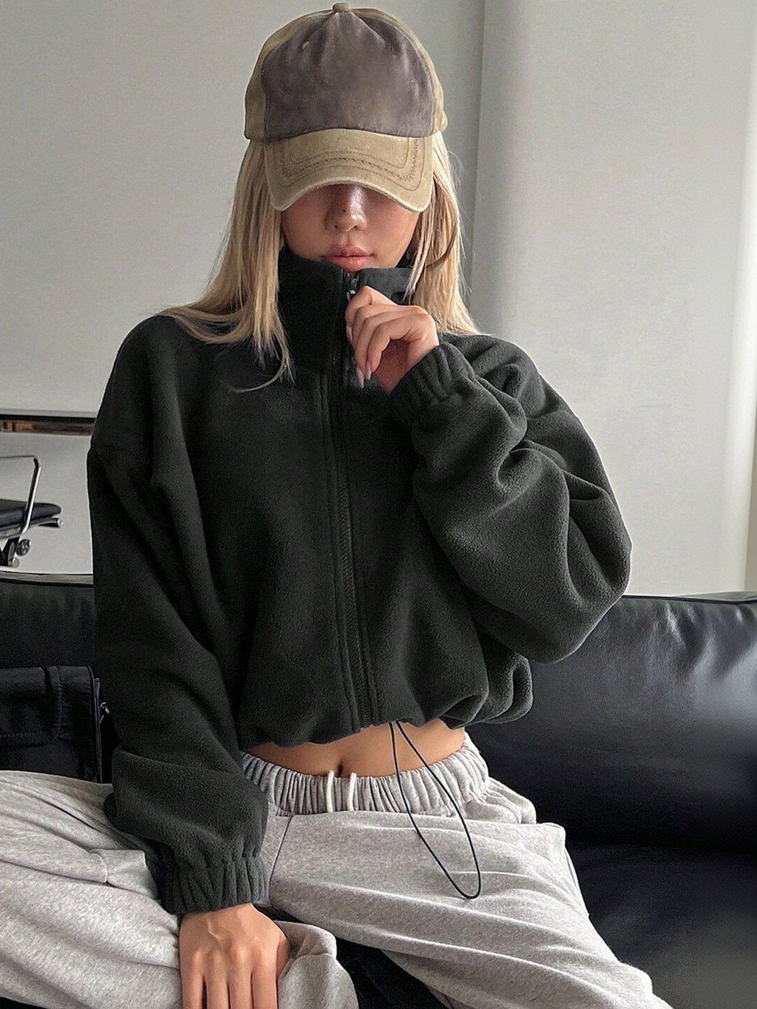 Women Fleece Lightweight Crop Open Front Jacket