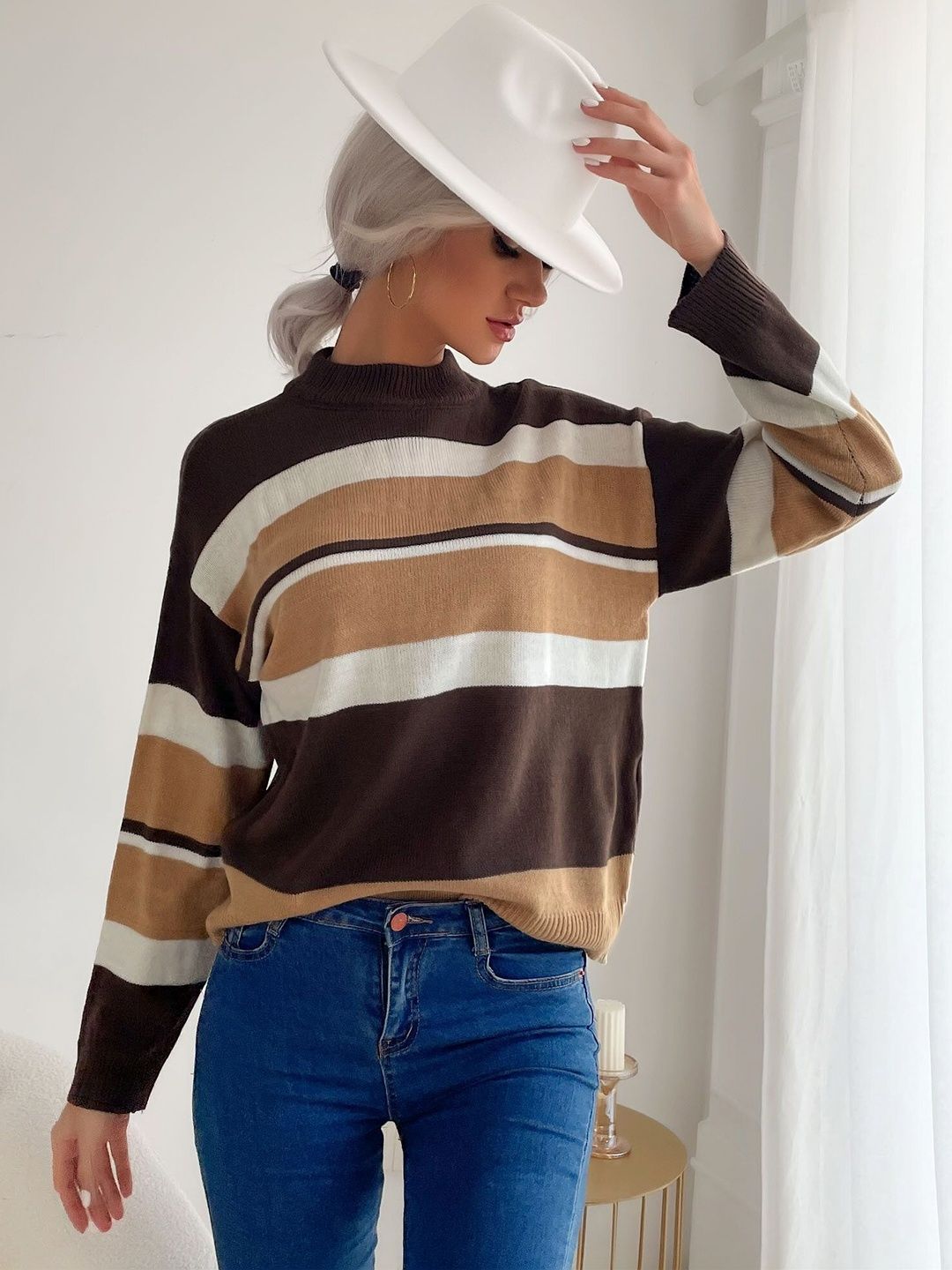 Women's Brown Striped Pullover Blend Regular Fit