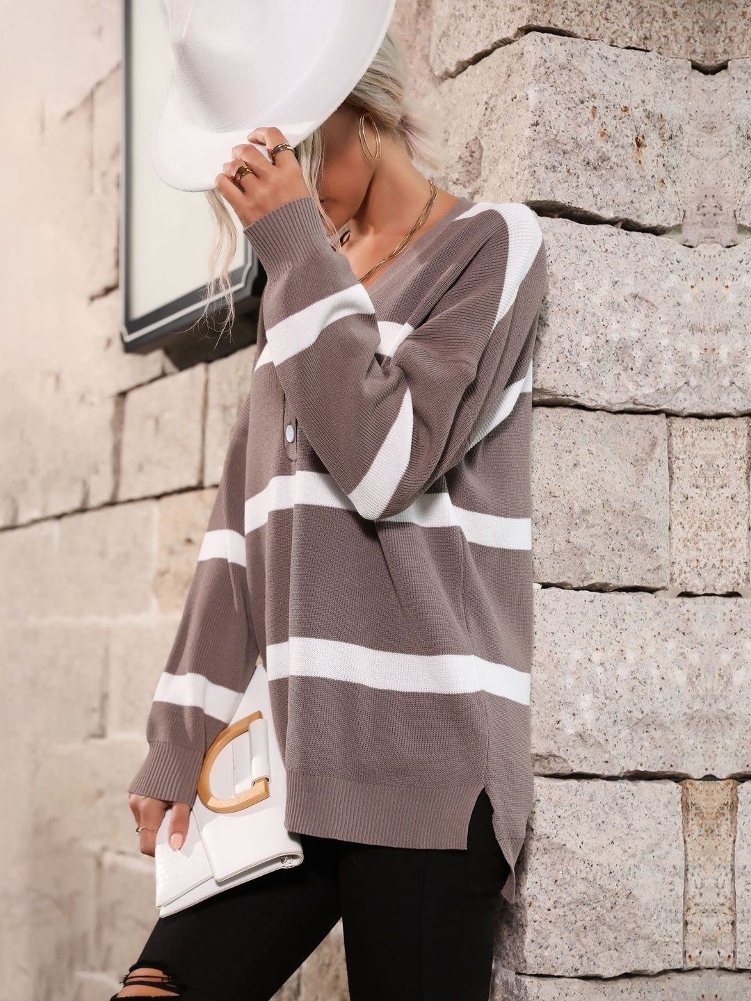 Women's Brown Acrylic Striped Sweater