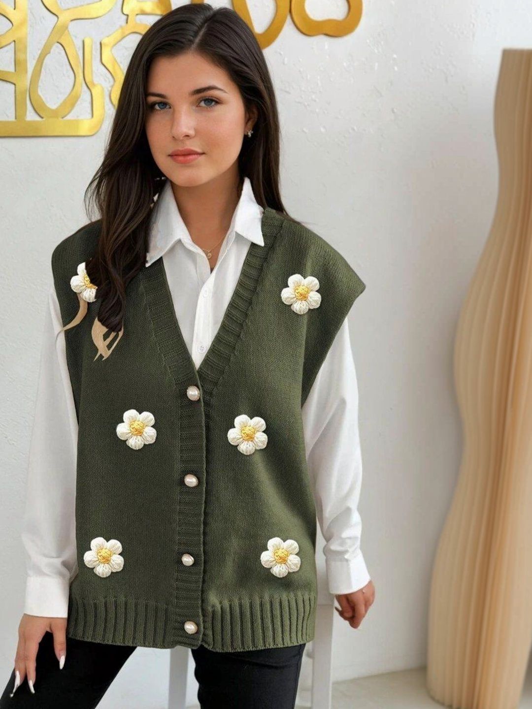 Sweater Vest with Embellished Detail in Green acrylic - Nowi Korean Fashion