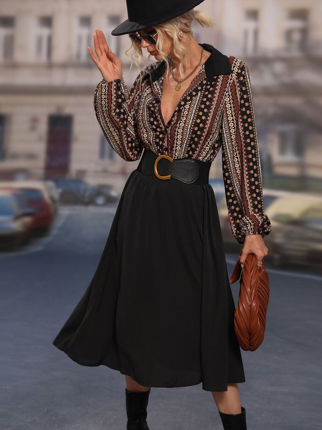 Bohemian Ethnic Print Midi Dress with Long Sleeves