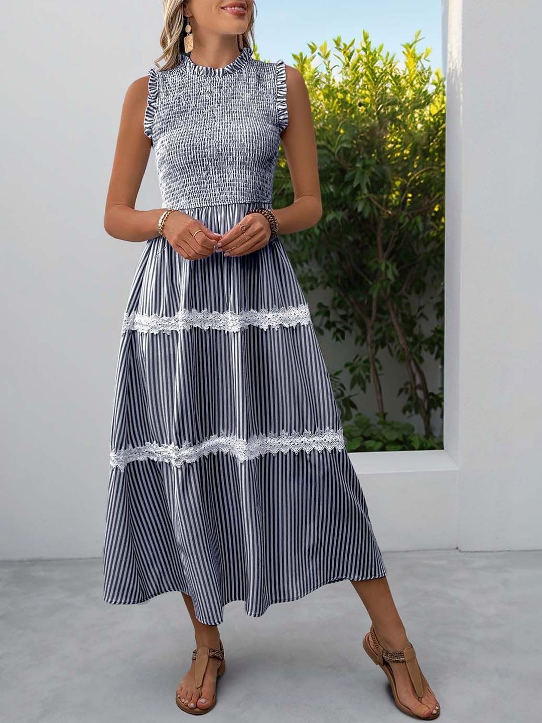 Striped Puff Sleeve A-Line Midi Dress