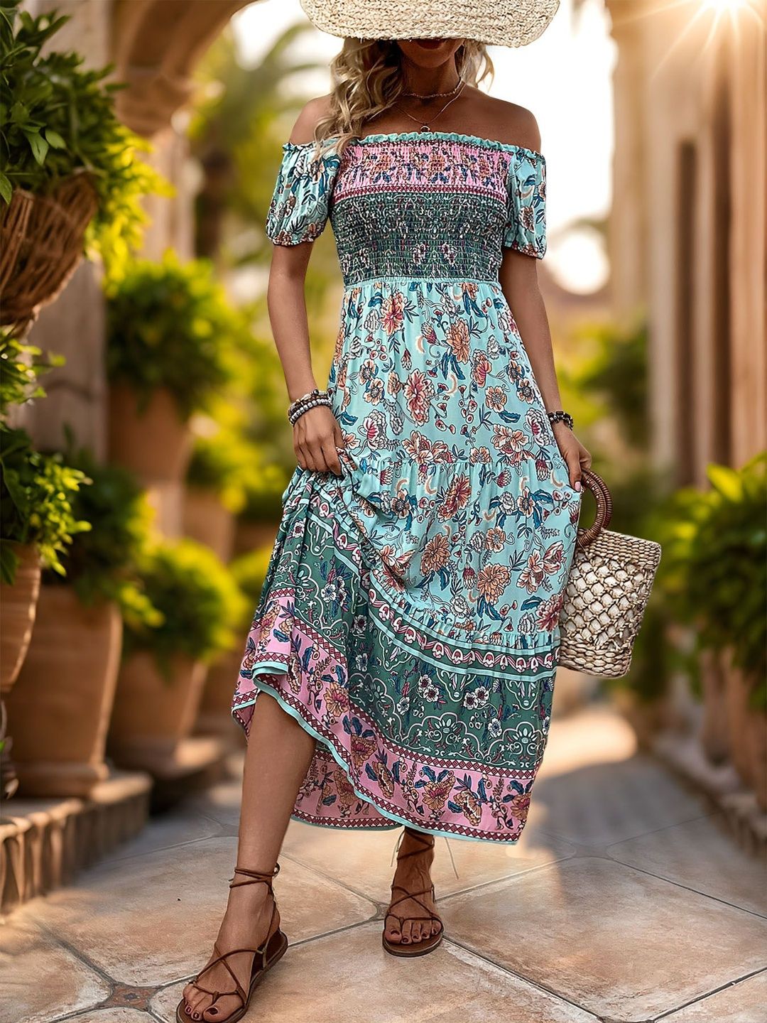 Floral Print Off-Shoulder A-Line Midi Dress