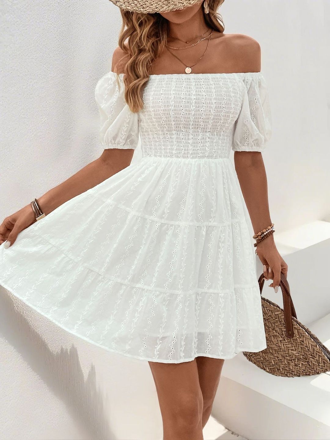 Embellished Embroidered Off-Shoulder Puff Sleeve A-Line Dress