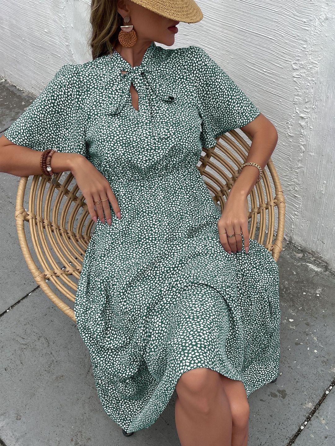 Print Tie-Up Neck Fit & Flare Midi Dress