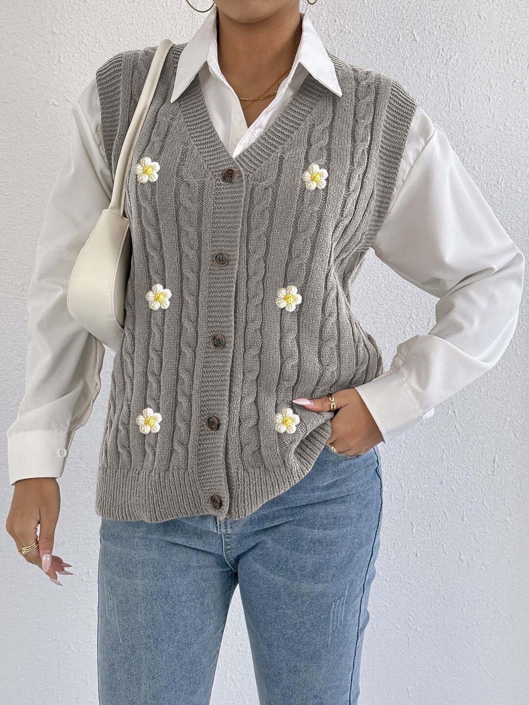 Women Cable Knit Sweater Vest with Embroidered Detail