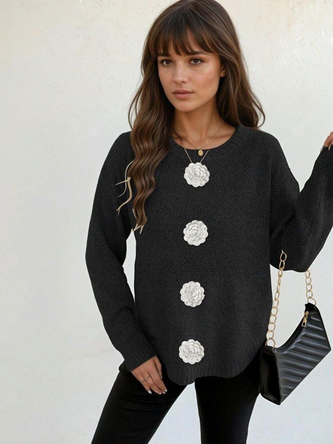 Pullover with Applique Detail in Black acrylic Long Sleeve - Nowi Korean Fashion