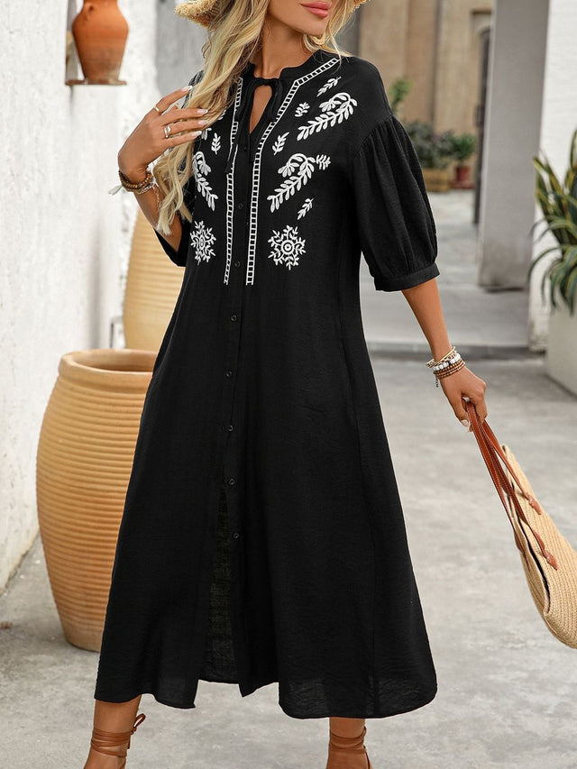 Floral Embroidered Puff Sleeve Maxi Dress in Black cotton - Nowi Korean Fashion
