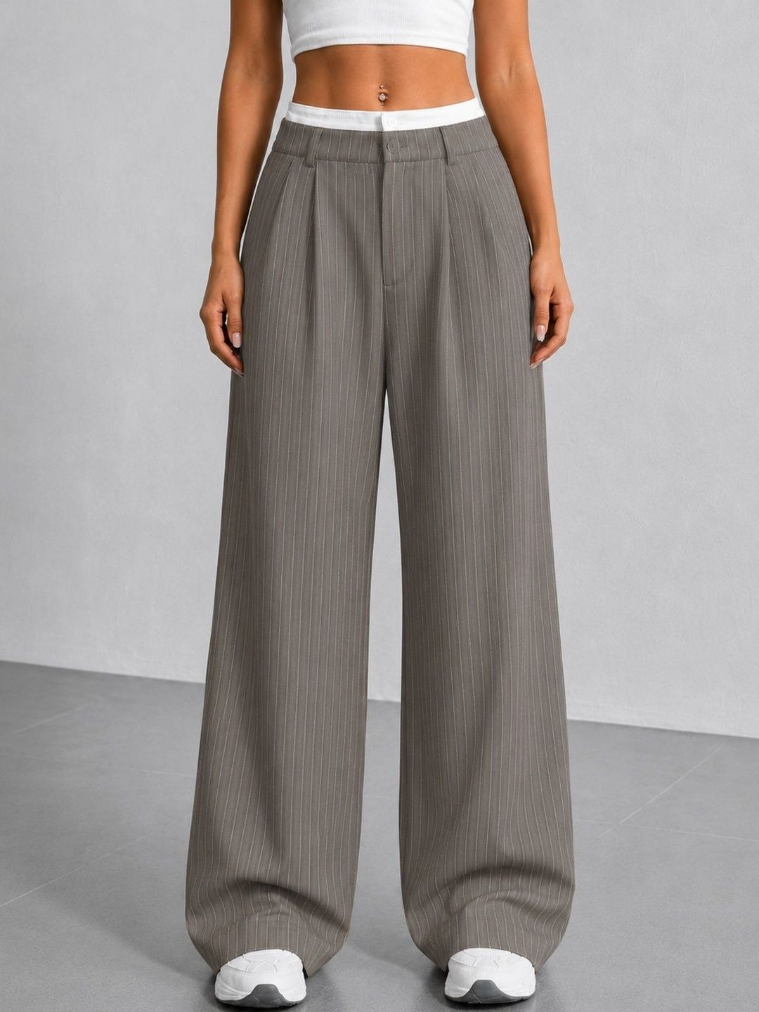 Women Striped Relaxed High-Rise Wrinkle Free Pleated No Fly Trousers