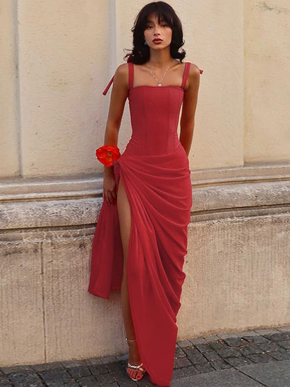 Sheath Midi Dress in Red polyester - Nowi Korean Fashion