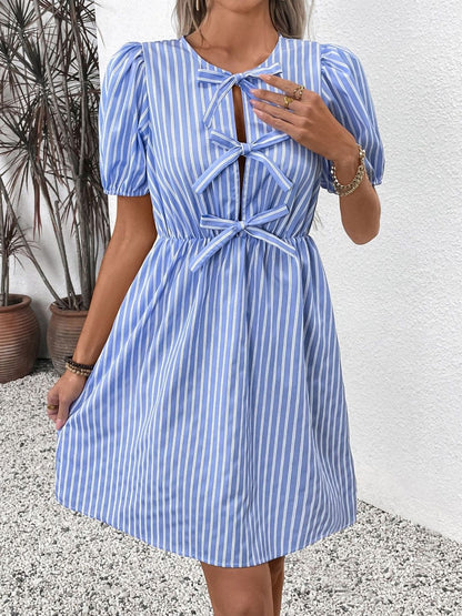 Striped Puff Sleeve Fit & Flare Dress