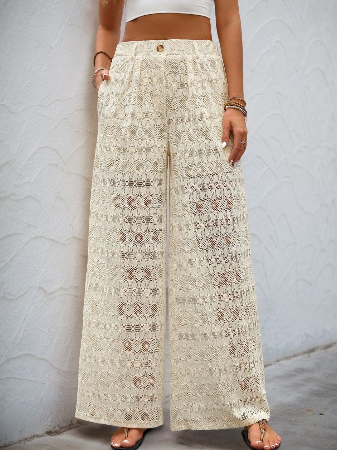 Women Textured Loose Fit High-Rise Non Iron Trousers