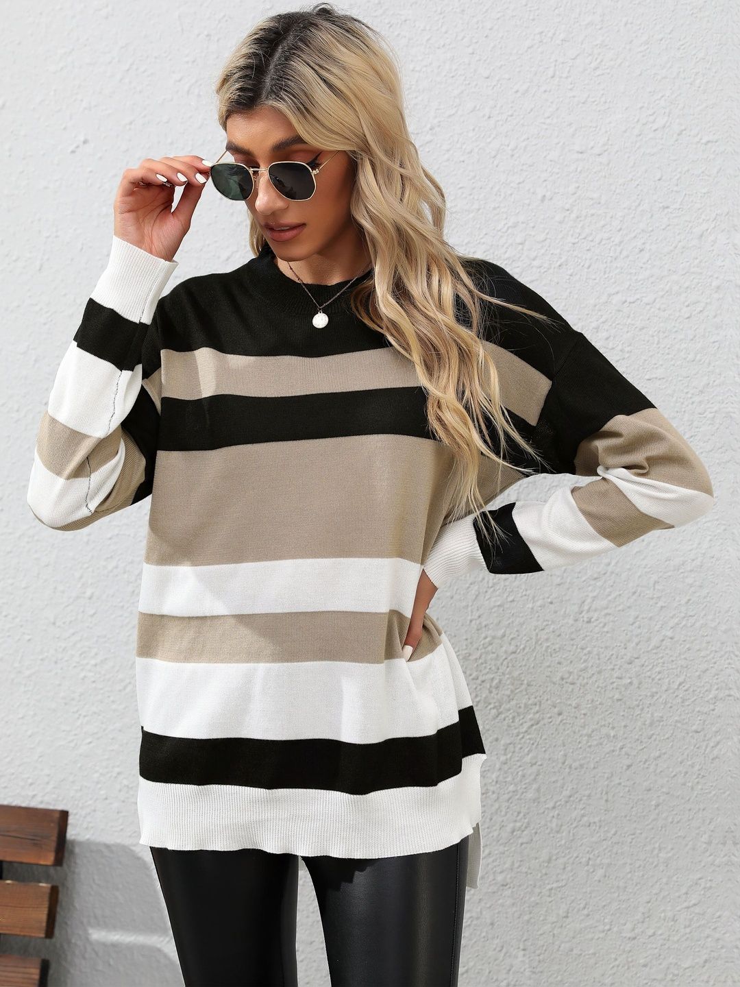 Women's Black Striped Pullover Blend Regular Fit