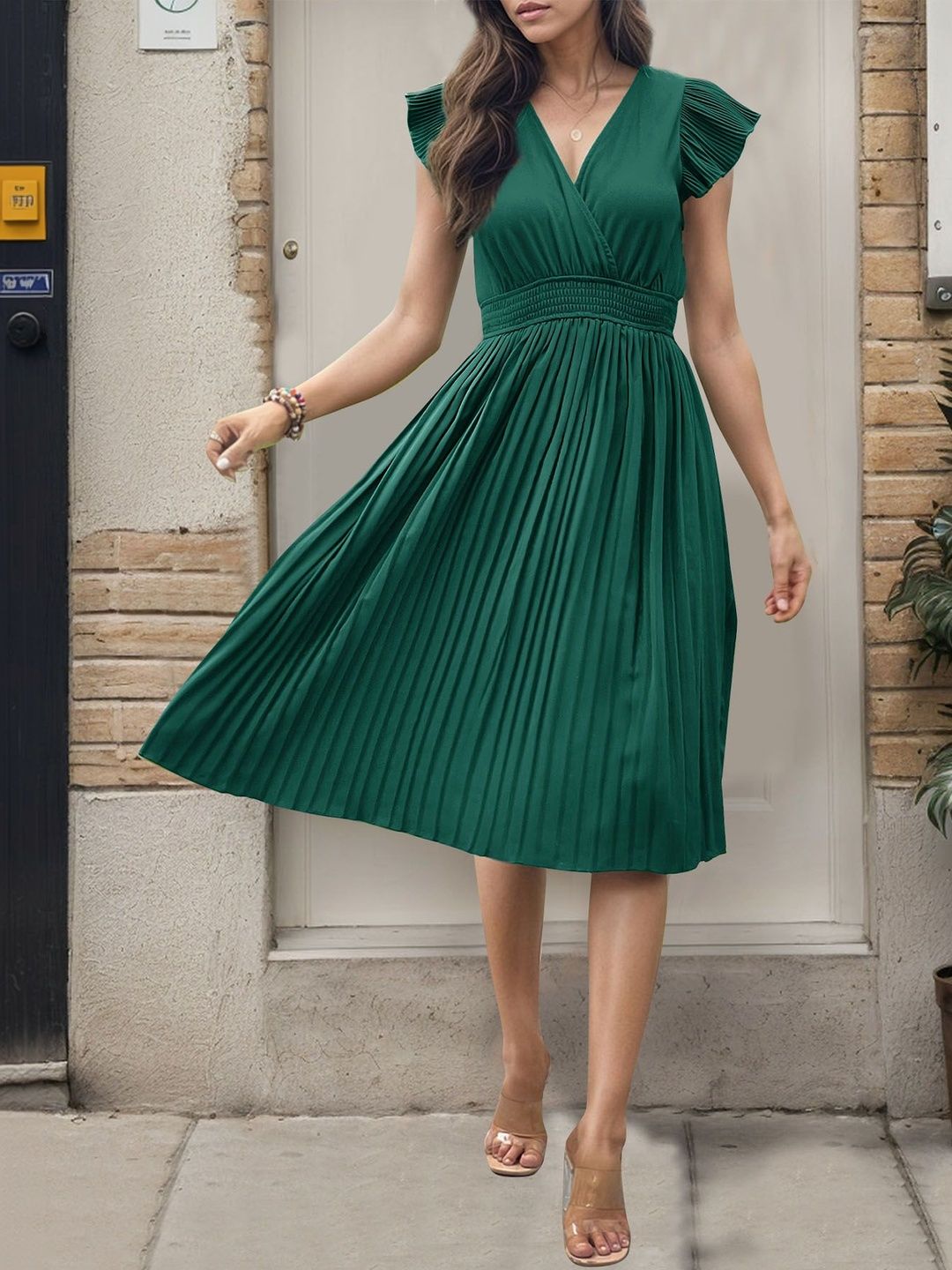 Flared Sleeve Fit & Flare Midi Dress