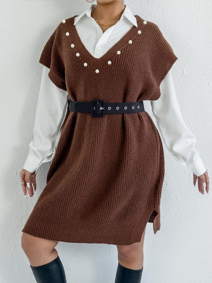 Women Ribbed Longline Sweater Vest with Embellished Detail
