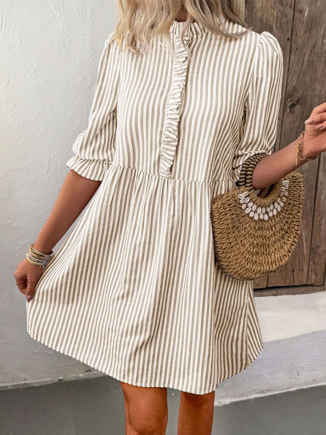 Striped Puff Sleeve Ruffled Fit & Flare Dress
