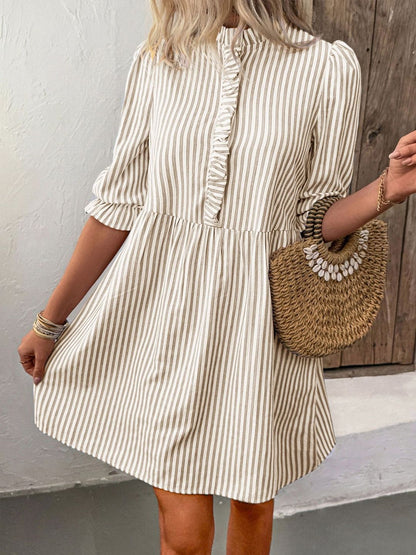 Striped Puff Sleeve Ruffled Fit & Flare Dress