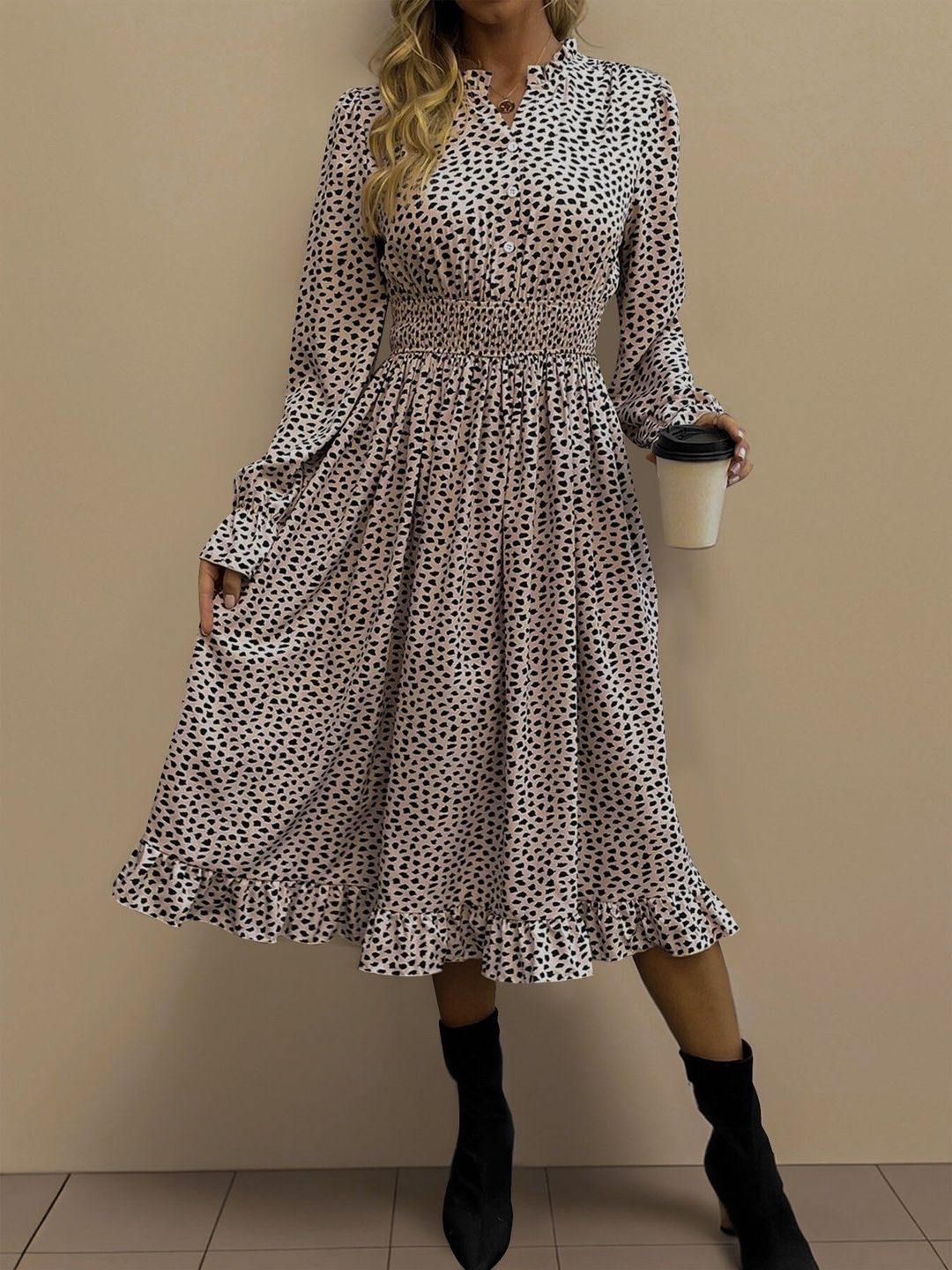 Animal Print Fit & Flare Midi Dress in Pink - Nowi Korean Fashion