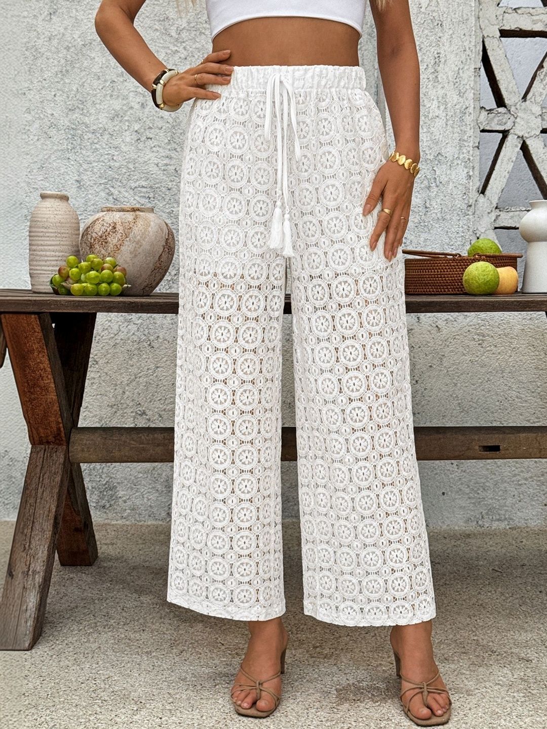 Women Textured Embellished Loose Fit Non Iron Trousers