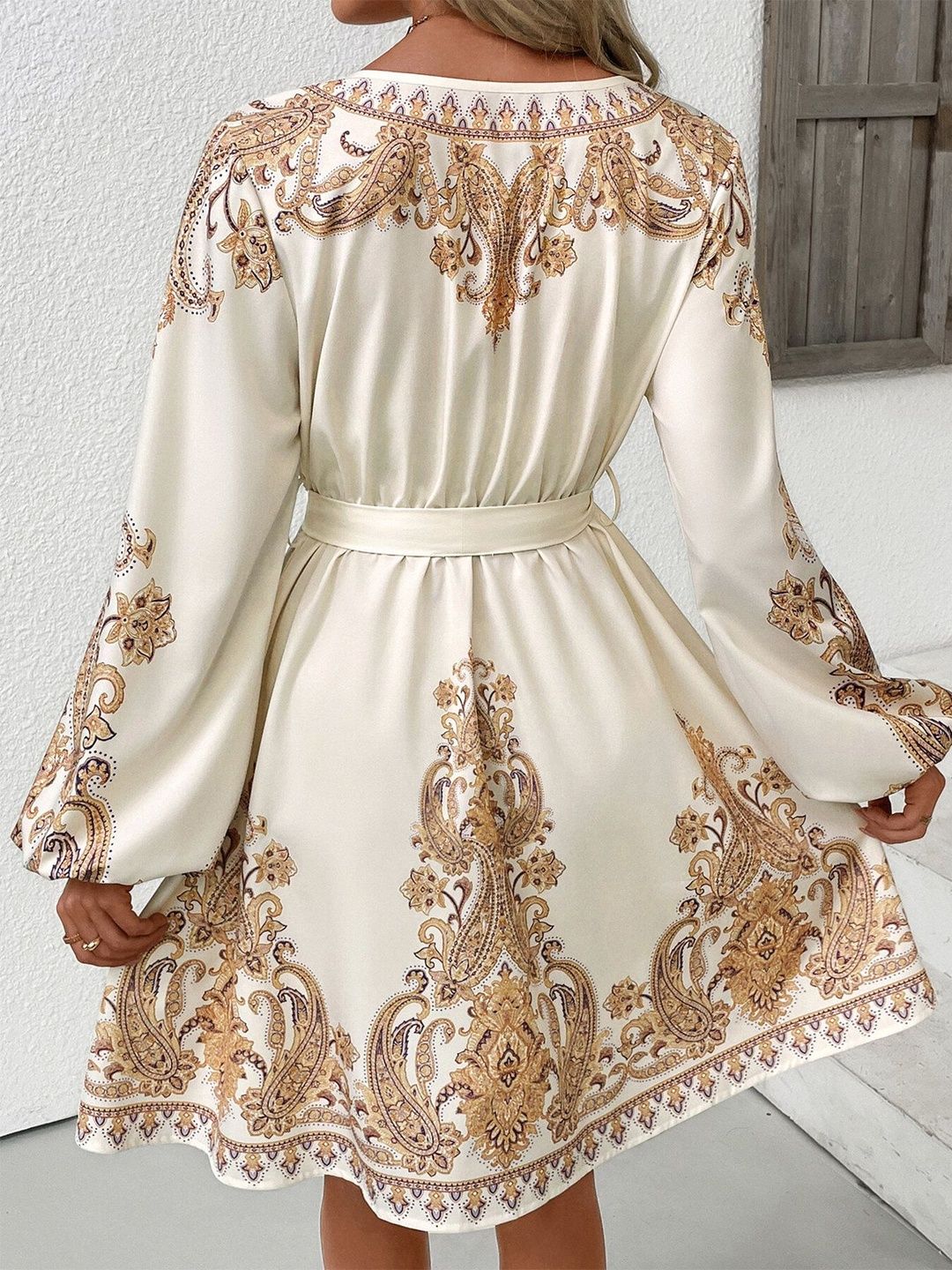 Women's Beige Nowi Print Bishop Sleeve A-Line Dress