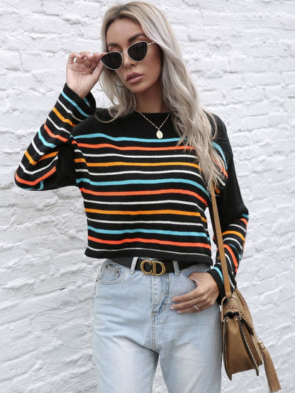 Women's Black Rainbow Striped Crop Pullover
